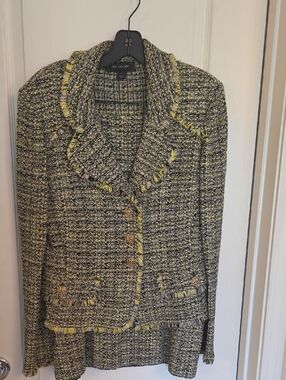 St. John Yellow and Black Knit Fringe Skirt Suit